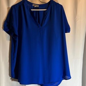 Pleione Royal Blue Short Sleeve Split V-Neck Blouse